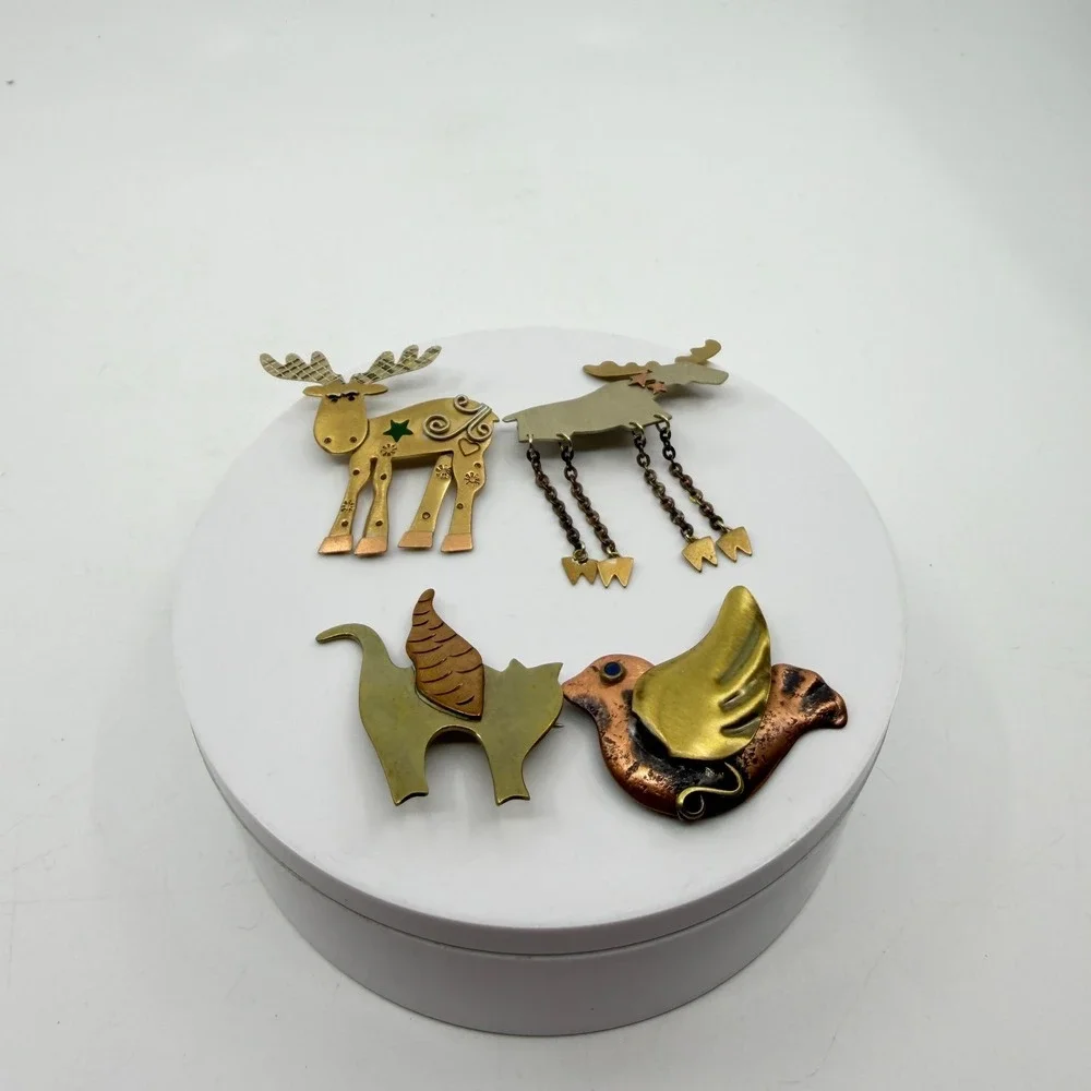 Lot of 4 Brass & Copper Tone Animal Brooch Pin Moose Cat Bird Folk Art Christmas